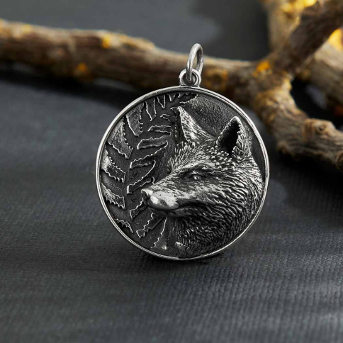 Sterling Silver Fox and Fern Pendant 28x22mm