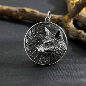 Sterling Silver Fox and Fern Pendant 28x22mm
