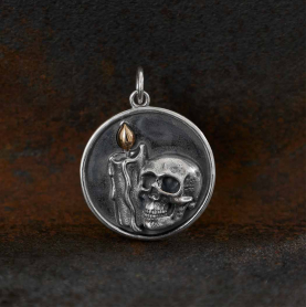 Sterling Silver Candle and Skull Pendant w Bronze 24x18mm