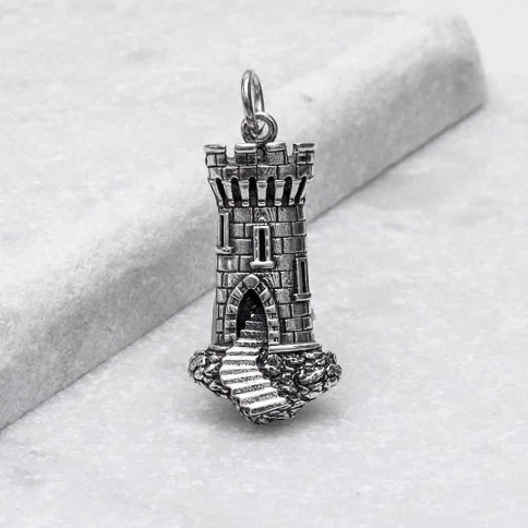 Sterling Silver Castle Tower Charm 29x12mm