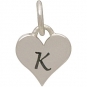 Small Silver Letter Heart Charm - Initial K 13x8mm