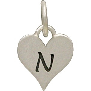 Small Silver Letter Heart Charm - Initial N 13x8mm