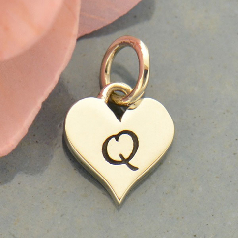 Small Silver Letter Heart Charm - Initial Q 13x8mm