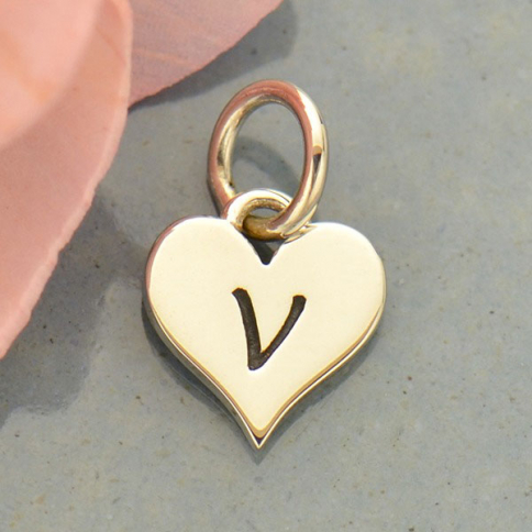 Small Silver Letter Heart Charm - Initial V 13x8mm