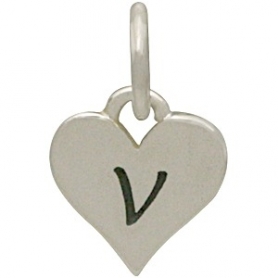 Small Silver Letter Heart Charm - Initial V 13x8mm