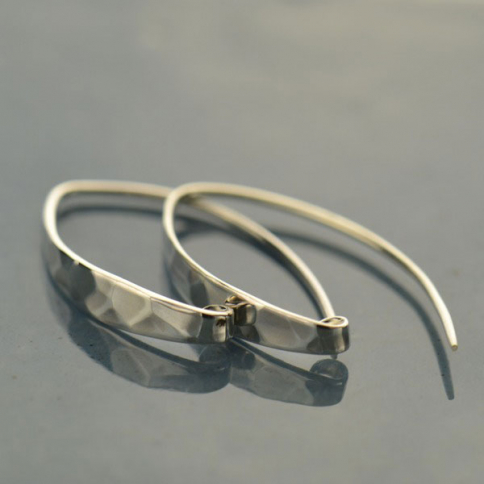 Silver Long Hammered Ear Wire with Hidden Loop 27x4mm