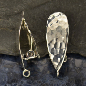 Silver Clip On Earring -Teardrop with Hammer Finish 26x9mm
