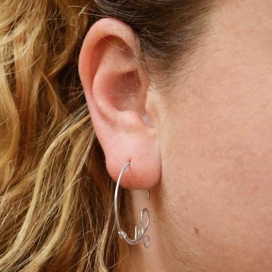 Silver Hoop Earrings with Curled Wire Teardrops 38x33mm