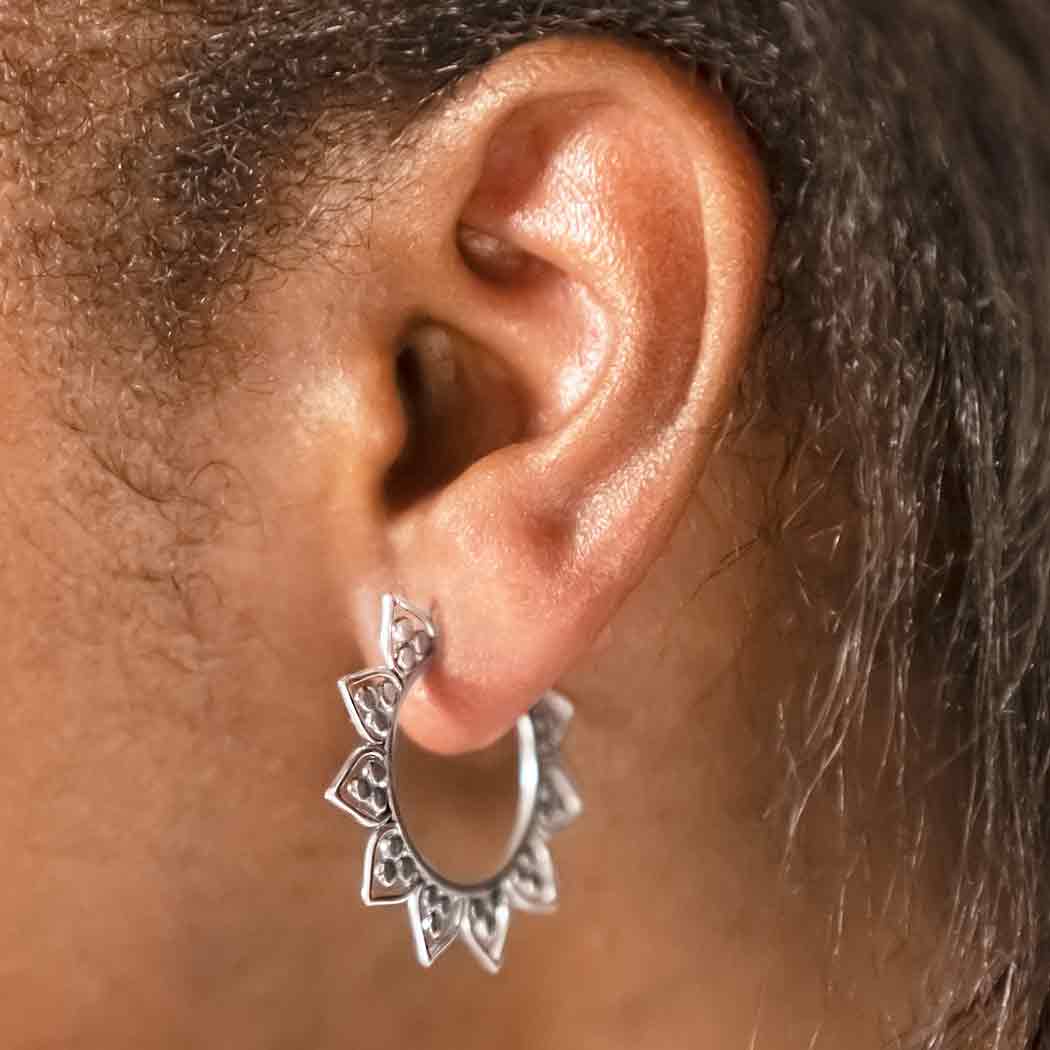 Sterling Silver Lotus Hoop Earrings with Granulation 30x33mm
