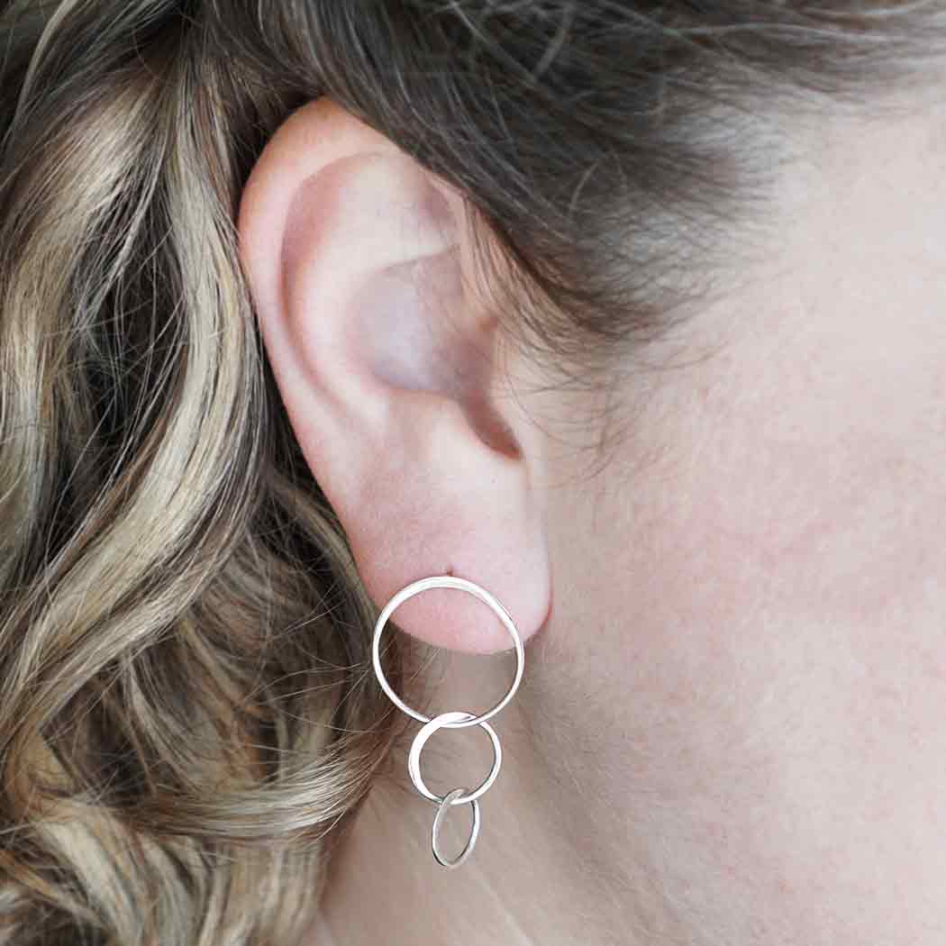 Sterling Silver Stud Earrings - Three Circle Link 37x19mm