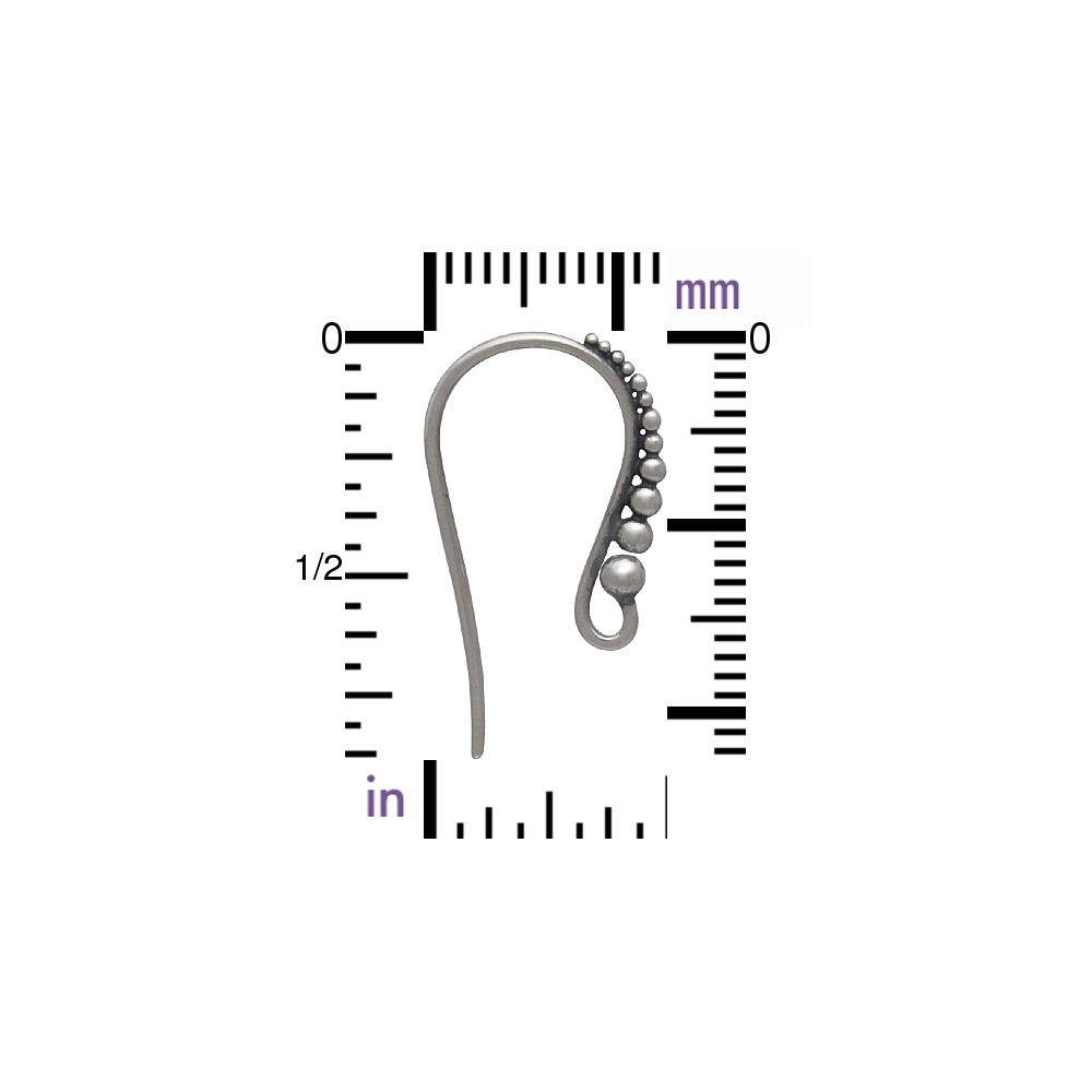 Sterling Silver Ear Wire - Short Granulated Ear Hook 25x2mm