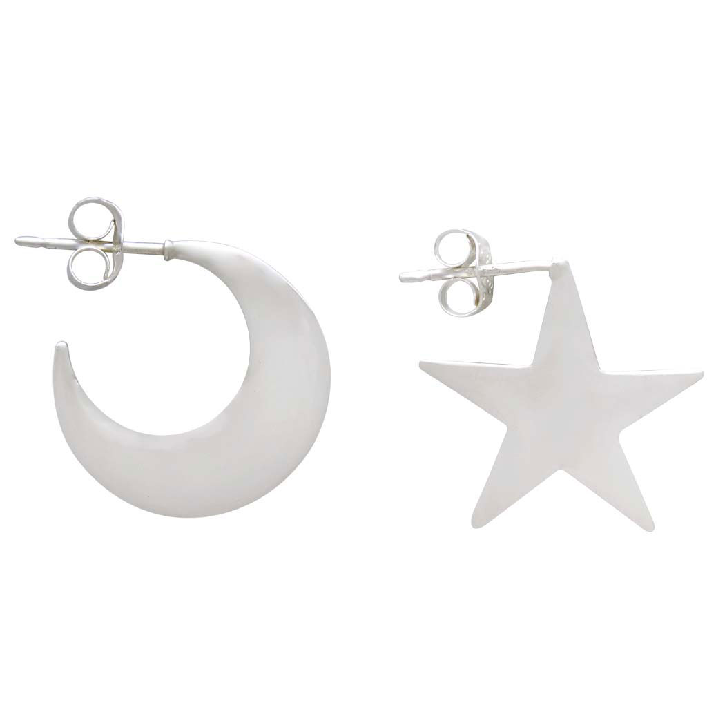 Sterling Silver Star and Moon Post Hoop Earrings 17mm