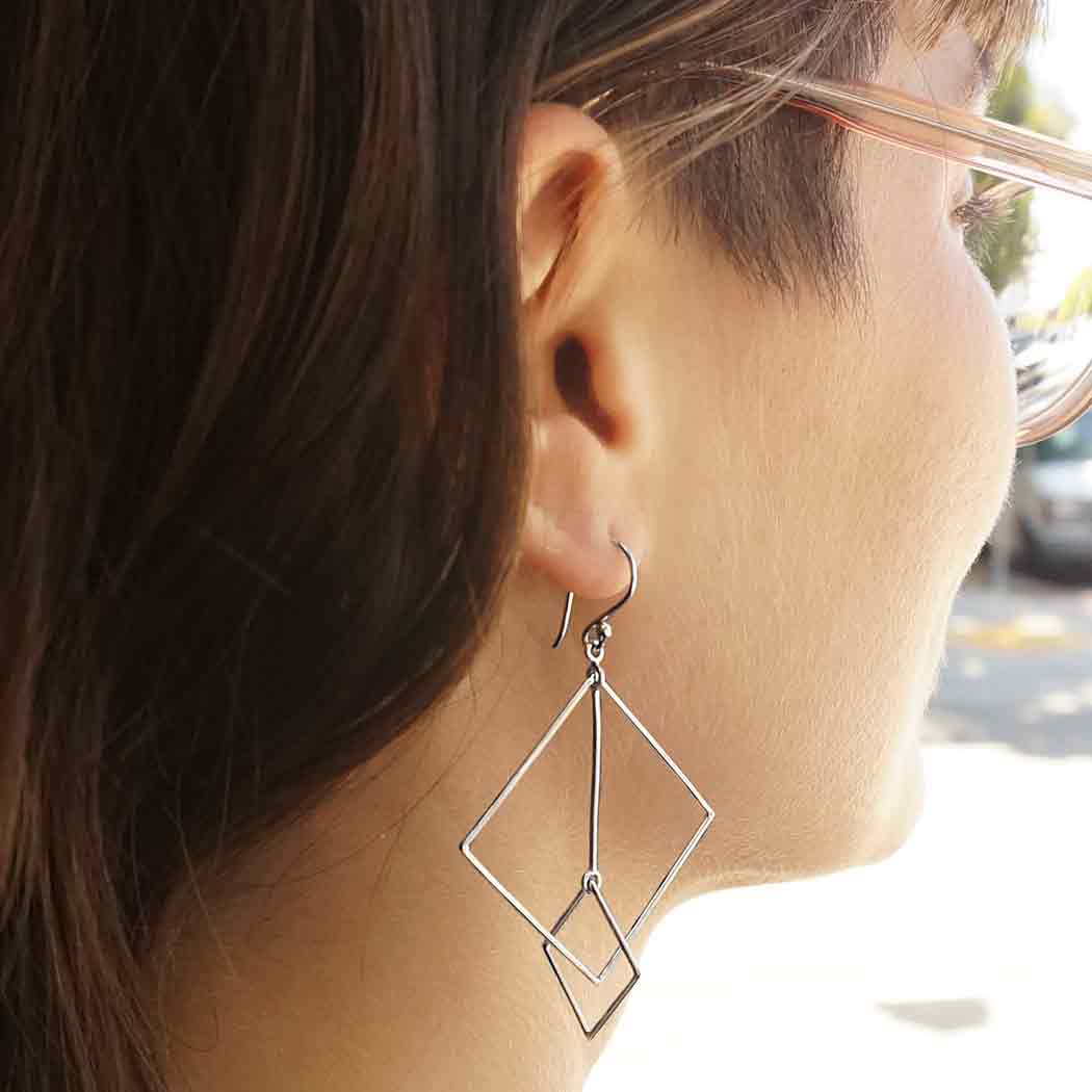 Sterling Silver Floating Square and Bar Earrings 65x40mm
