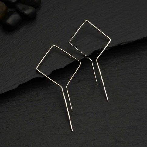 Silver Wire Diamond Hoop Earrings w/ Vertical Bars 60x31mm