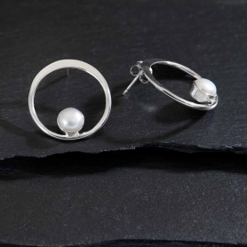 Sterling Silver Circle Post Earrings with Pearl 21x20mm