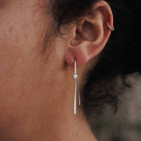 Sterling Silver Long Marquis Earrings with Pearls 47x5mm on ear