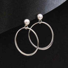 Sterling Silver Pearl Post Earrings with Hoop Dangles 38x6mm