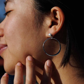 Sterling Silver Pearl Post Earrings with Hoop Dangles 38x6mm on ear