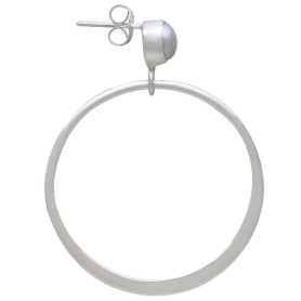 Sterling Silver Pearl Post Earrings with Hoop Dangles 38x6mm side view