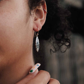 Sterling Silver Hammered Oval Dangle Earrings 40x6mm on ear