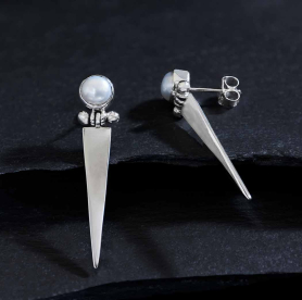 Sterling Silver Pearl Post Earrings with Hinged Spike 35x8mm
