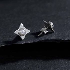 Sterling Silver North Star Post Earrings with Pearls 10x10mm