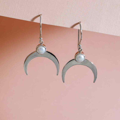 Silver Crescent Moon with Pearl Dangle Earrings 37x21mm