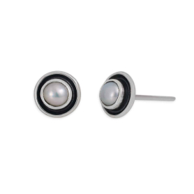 Sterling Silver Pearls in Cupped Circles Post Earrings 7x7mm