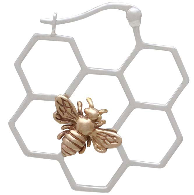 Silver Honeycomb Hoop Earrings with Bronze Bee 28x28mm