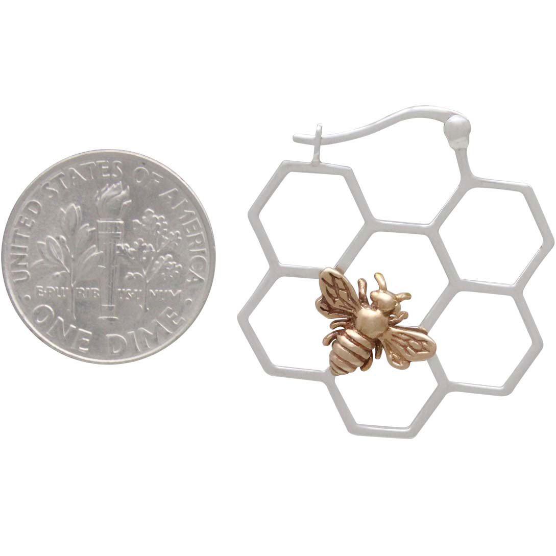Silver Honeycomb Hoop Earrings with Bronze Bee 28x28mm