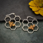 Silver Honeycomb Hoop Earrings with Bronze Bee 28x28mm