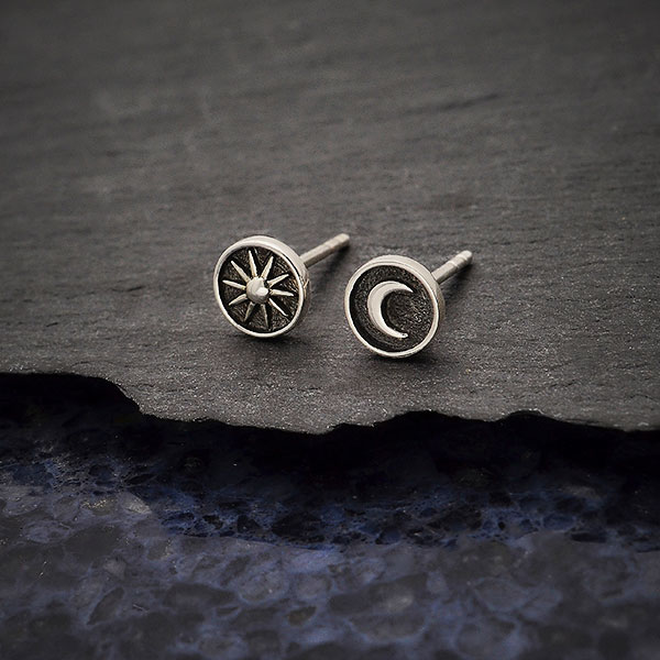 Sterling Silver Raised Sun and Moon Post Earrings