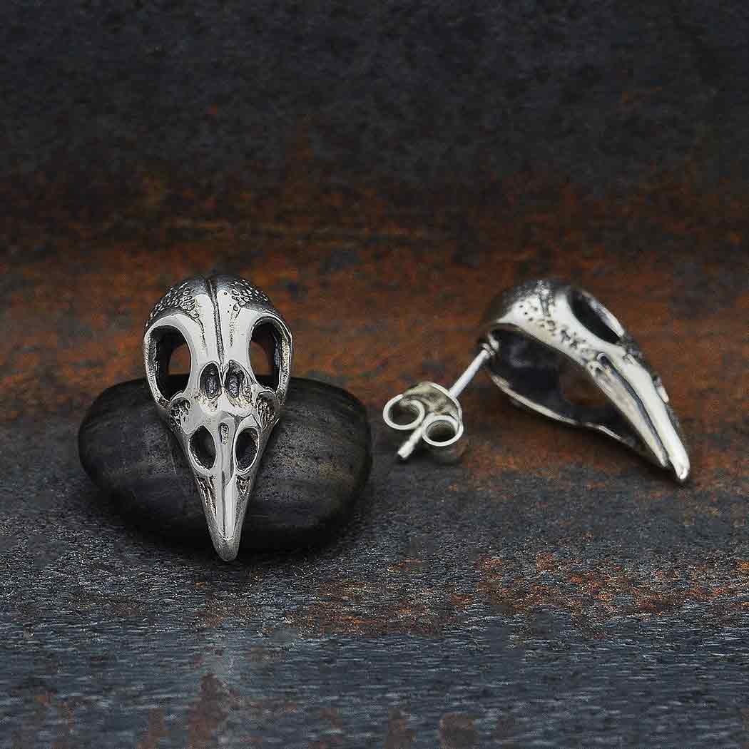 Sterling Silver Raven Skull Post Earrings 21x11mm