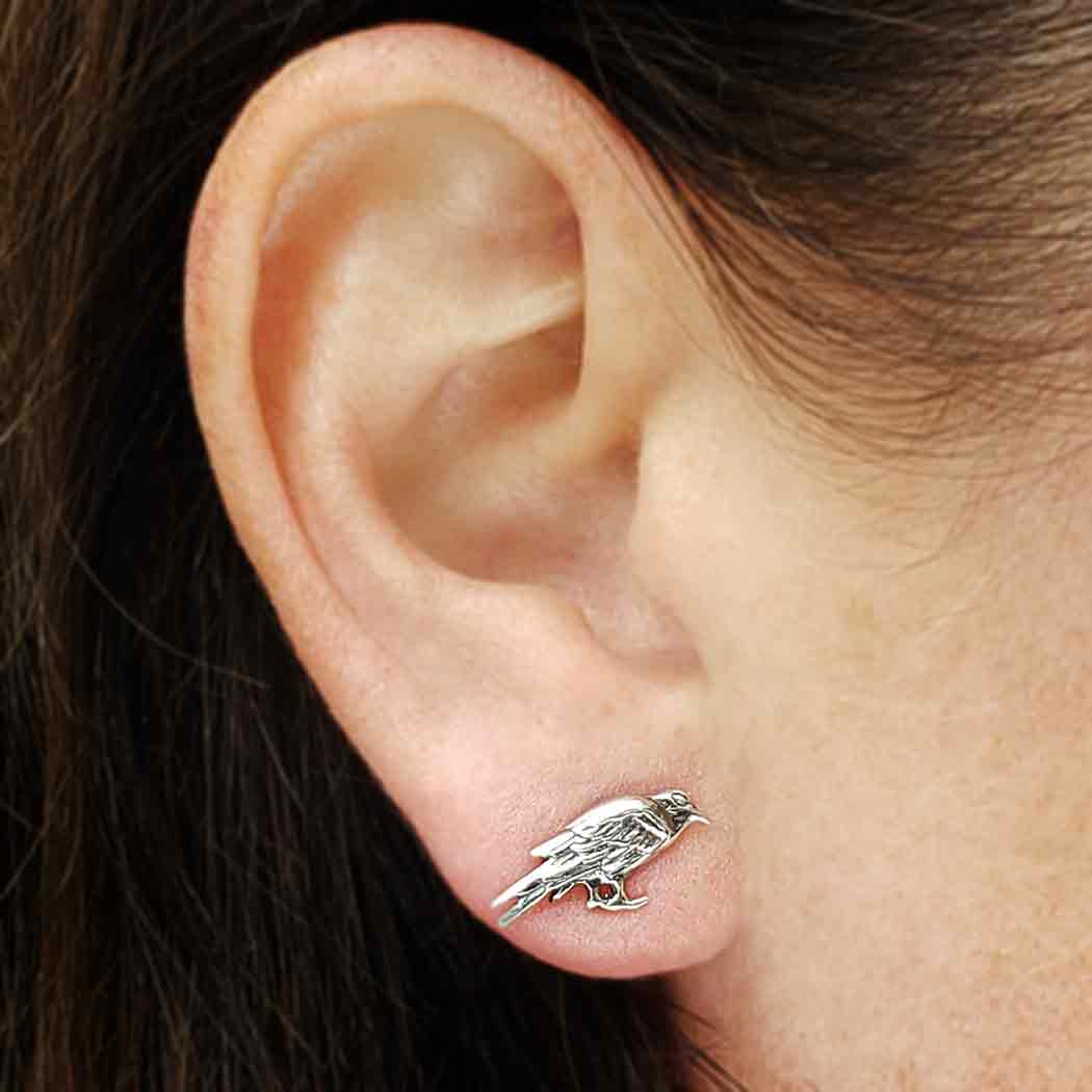 Sterling Silver Raven Post Earrings 7x15mm