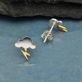 Silver Cloud Post Earrings with Bronze Lightning 10x9mm