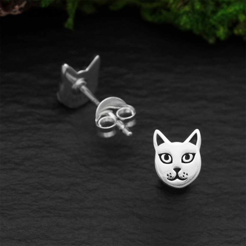 Sterling Silver Cat Face Post Earrings 7x6mm
