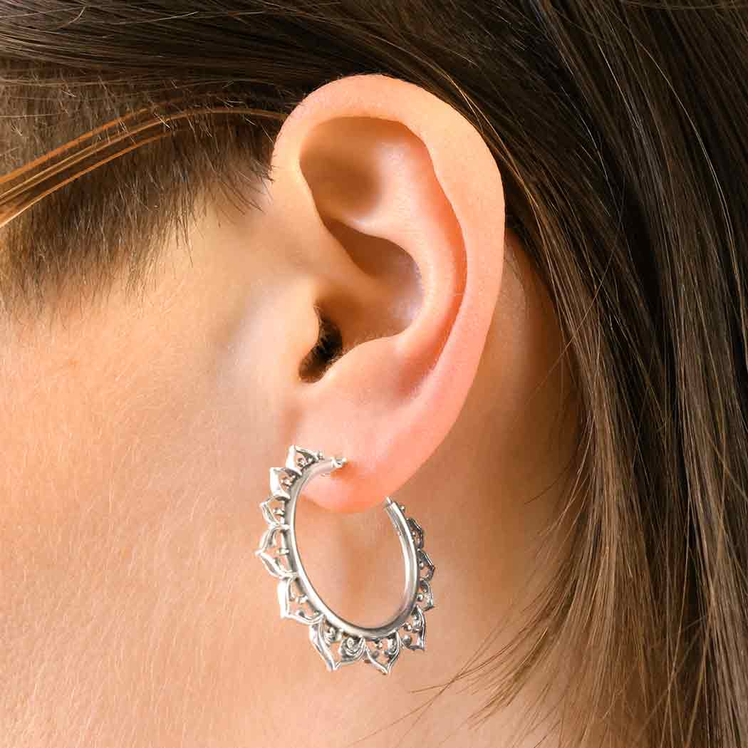 Sterling Silver Hollow Lotus Hoop Earrings 31x31mm