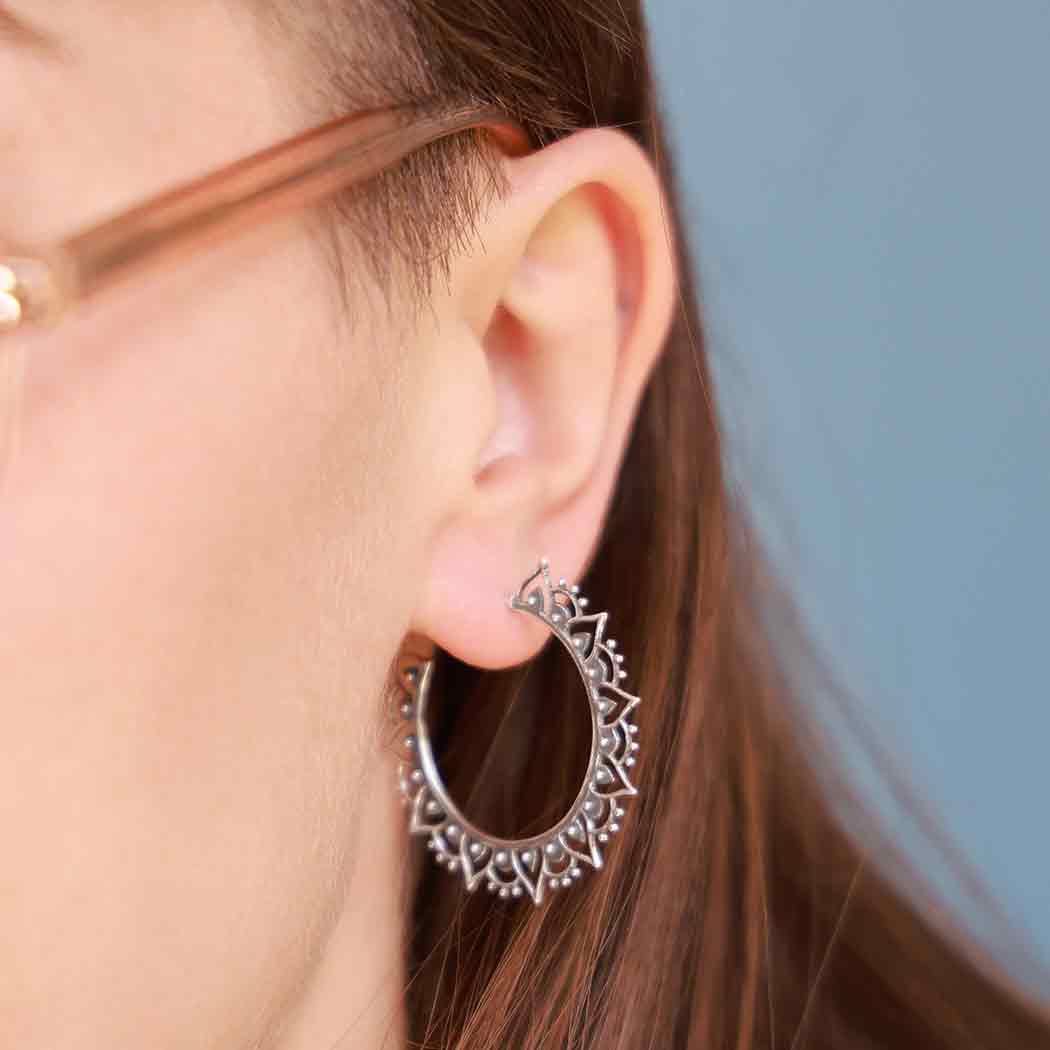 Sterling Silver Hoop Earrings with Mandala Petals 36x36mm