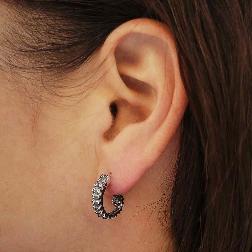 Sterling Silver Octopus Tentacle Post Hoop Earrings 15x4mm