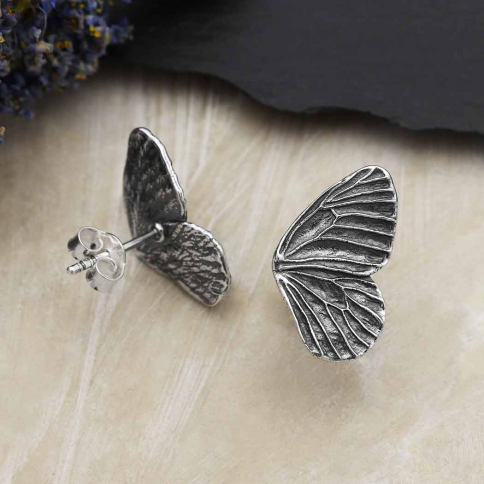 Silver Dimensional Butterfly Wing Post Earring 19x12mm