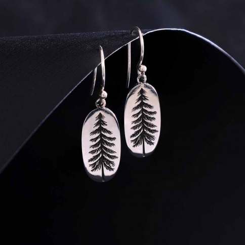 Sterling Silver Oval Pine Tree Dangle Earrings 34x10mm