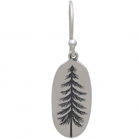 Sterling Silver Oval Pine Tree Dangle Earrings 34x10mm