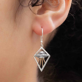 Sterling Silver UFO Dangle Earrings on Ear