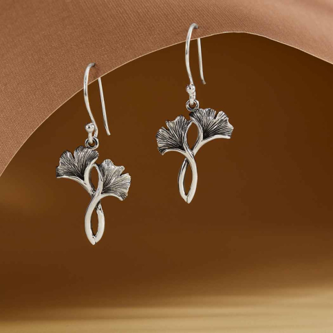 Sterling Silver Gingko Leaves Dangle Earrings 35x16mm