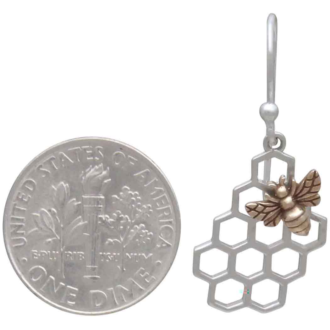 Silver Honeycomb Dangle Earring with Bronze Bee 32x13mm