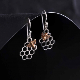 Silver Honeycomb Dangle Earring with Bronze Bee 32x13mm
