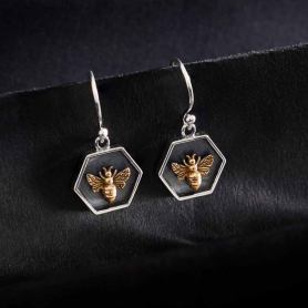 Mixed Metal Hexagon and Bee Dangle Earrings 26x13mm