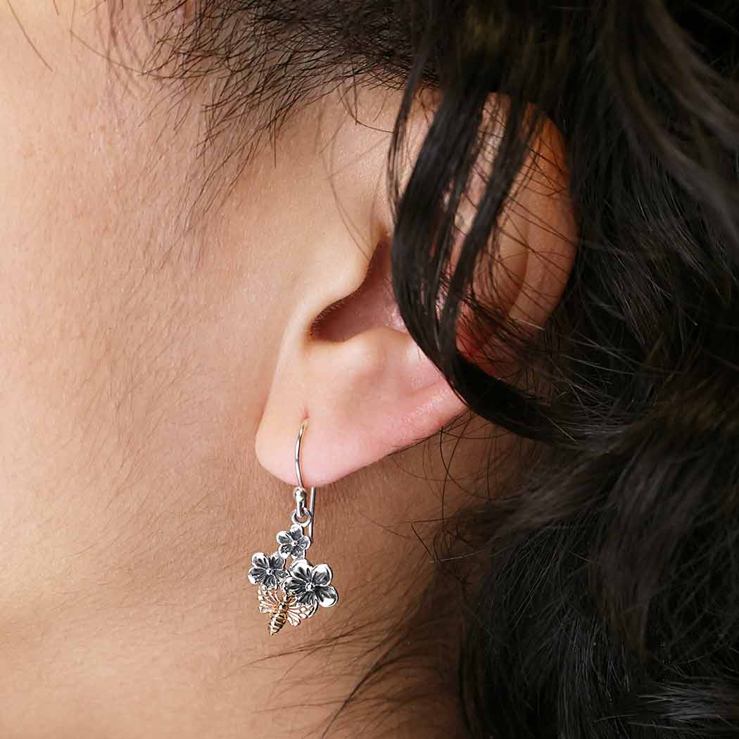  Sterling Silver Cherry Blossom Earrings w Bronze Bee 30x13mm