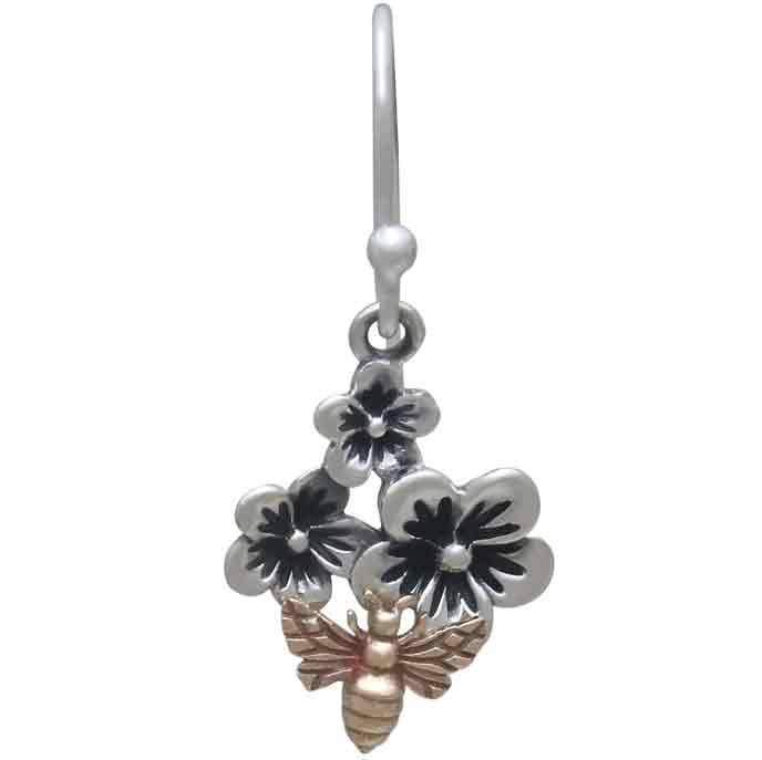 Sterling Silver Cherry Blossom Earrings w Bronze Bee 30x13mm