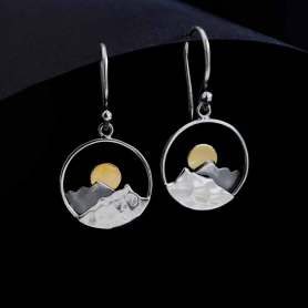 Silver Circle Mountain Earrings with Bronze Sun 30x15mm